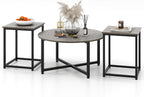 Giantex Round Nesting Table Set of 3, Farmhouse Coffee Table w/2 End Tables, Sturdy Metal Frame, 3-Piece Wooden Living Room Table Set for Home Office, Apartment (Black Oak)