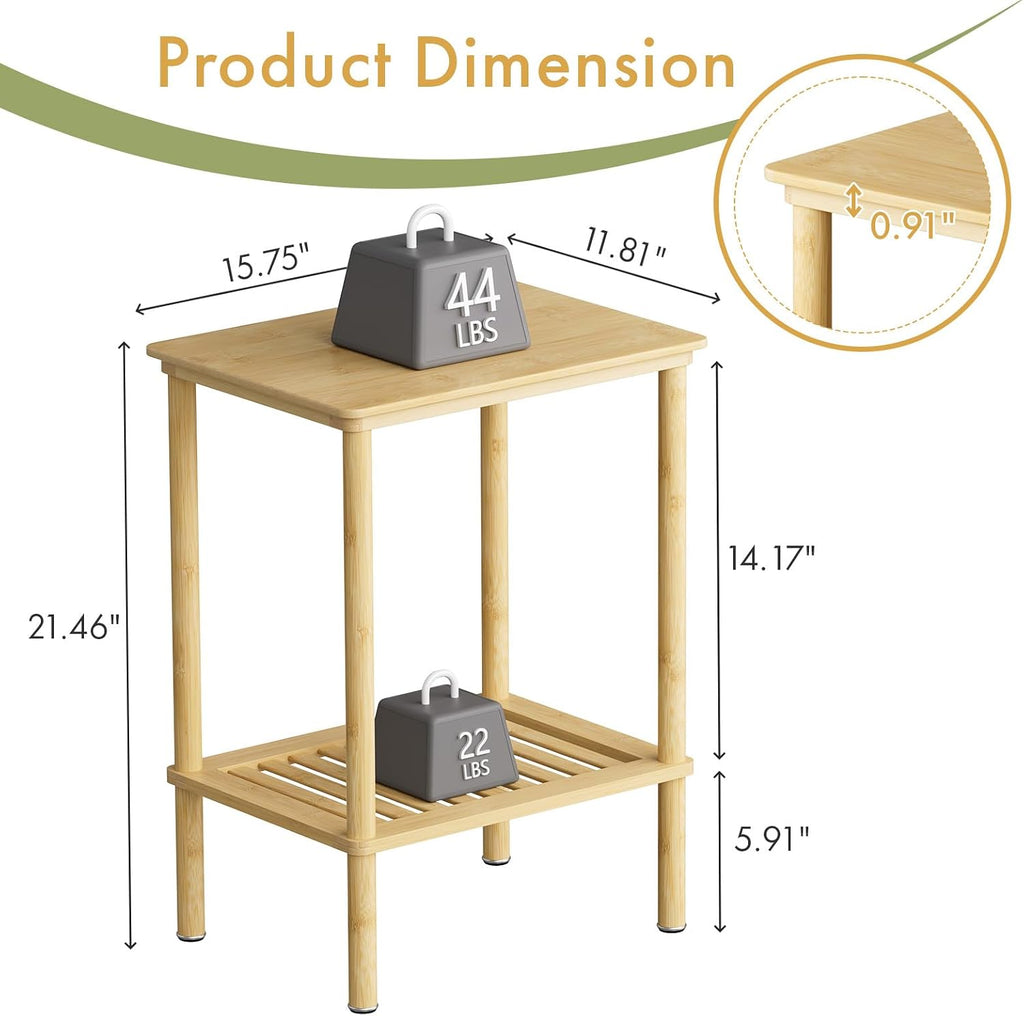 2 Tier Bamboo End Table, Narrow Side Table with Adjustable Feet, Waterproof Small Bedside Table, Nightstand, Entryway Table for Living Room Bedroom Bathroom, No Tool Assembly, 66LBS Capacity