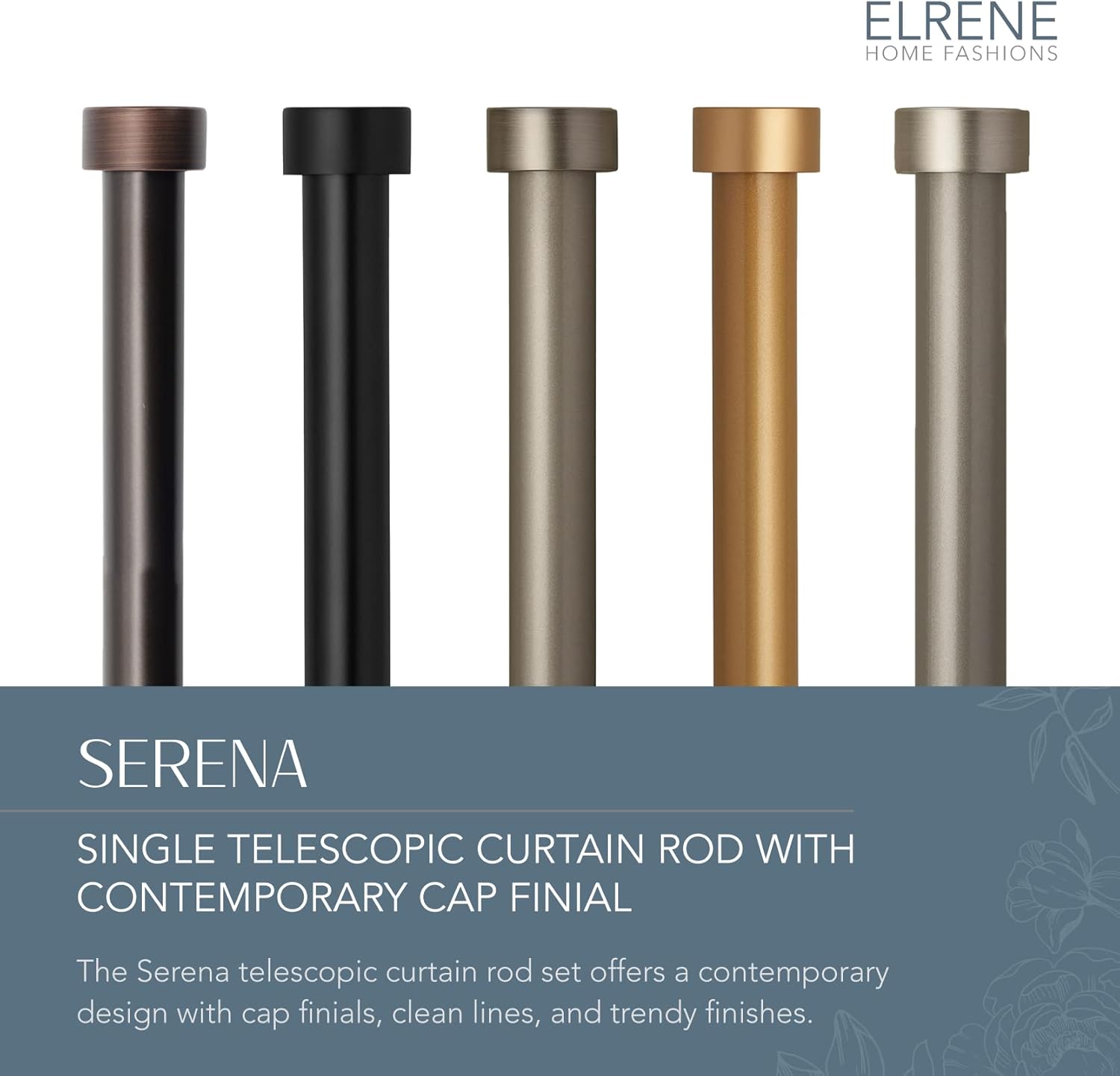 Elrene Home Fashions Serena Single Curtain Rod for Curtains and Drapery with Contemporary Cap Finials, 1-Inch Diameter, 86" - 120" Adjustable Rod, Soft Gold