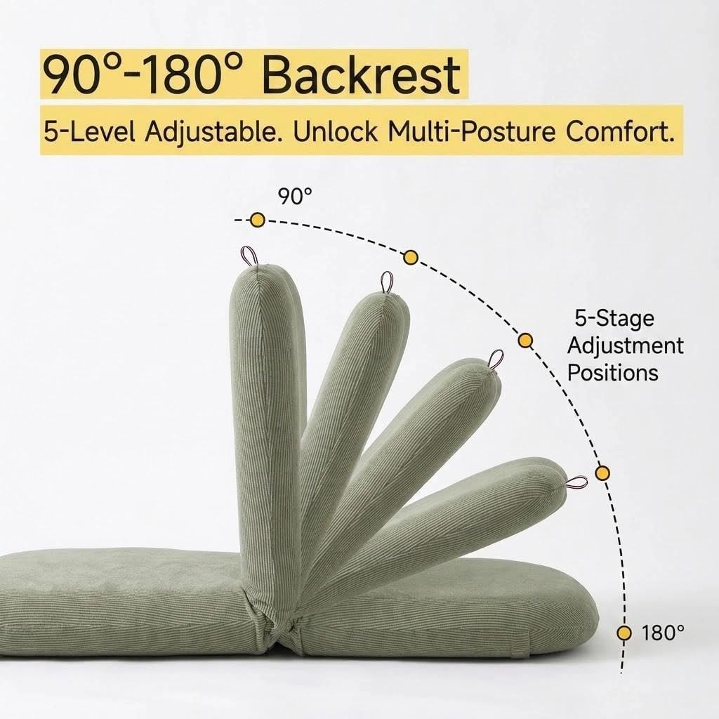 Compact Floor Chair with Back Support, 5-Position Adjustable Corduroy Folding Floor Gaming Chair, Portable Padded Floor Seating for Kids & Adults, Meditation, Reading, Small Spaces, Green