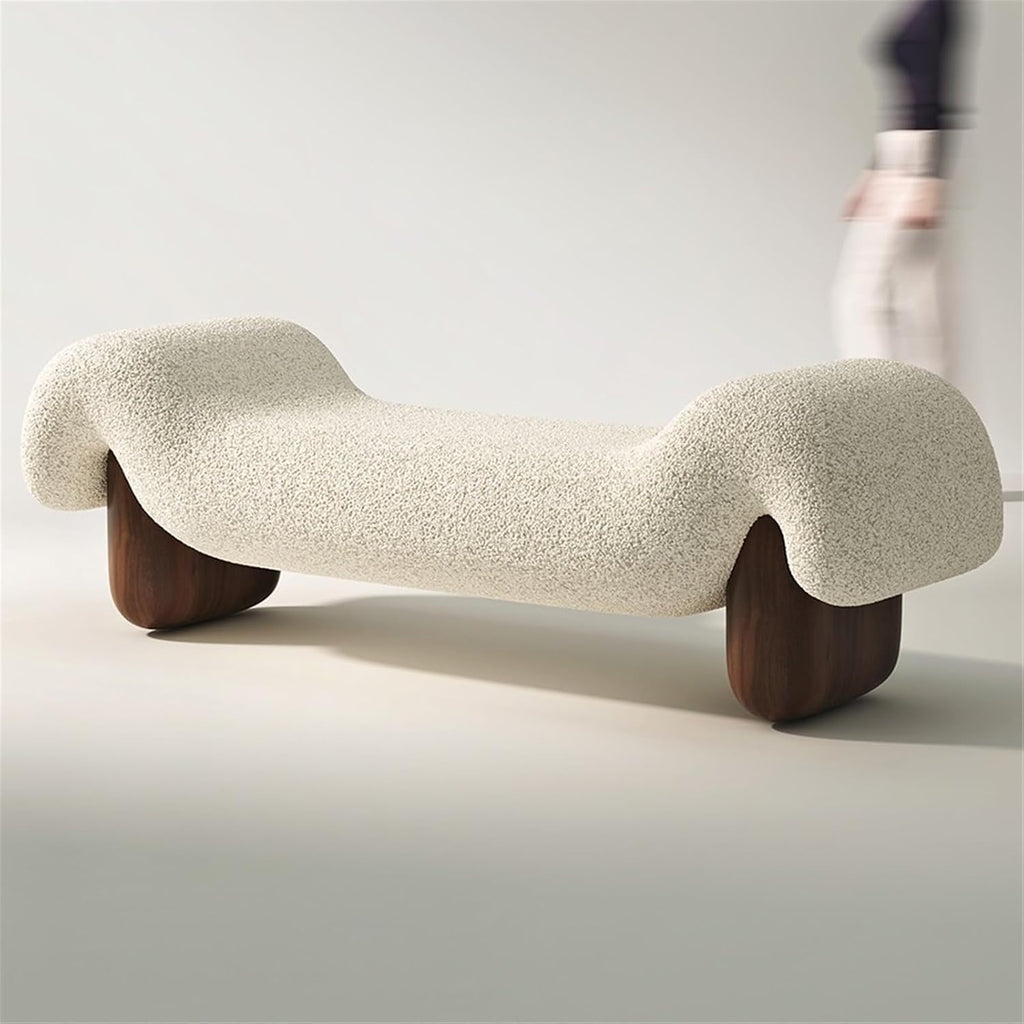 Modern White Wooden and Fabric Sofa Stool Retro Style for Changing Shoes Bedroom Bedside and Dressing Room Entryway(Small)