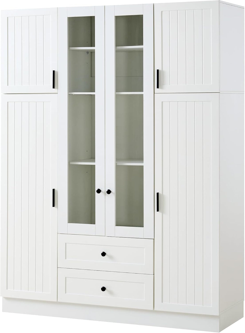 roomfitters Kitchen Pantry Organizers and Storage Kitchen Cabinet, Tall Storage Hutch with Glass Doors, Wine Rack, White