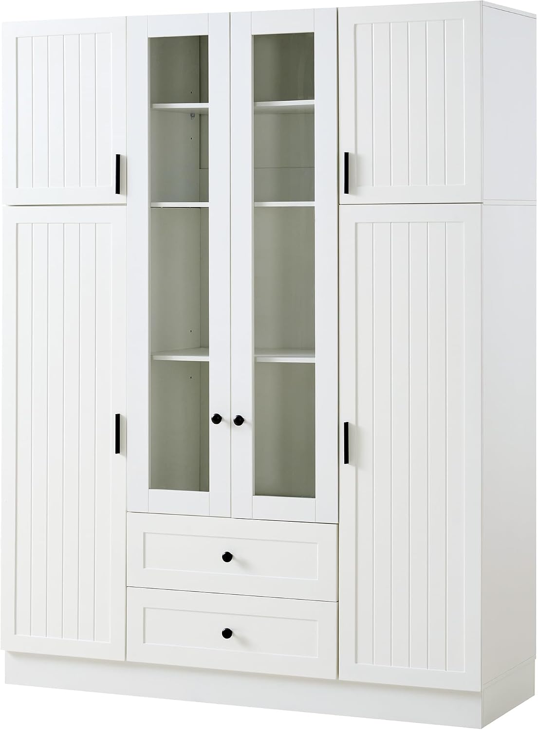 roomfitters Kitchen Pantry Organizers and Storage Kitchen Cabinet, Tall Storage Hutch with Glass Doors, Wine Rack, White