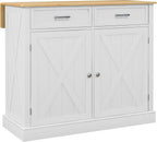 HOMCOM Rolling Kitchen Island with Drop Leaf Wood Breakfast Bar, Farmhouse Kitchen Cart with 2 Drawers, Adjustable Shelves for Dining Room, White