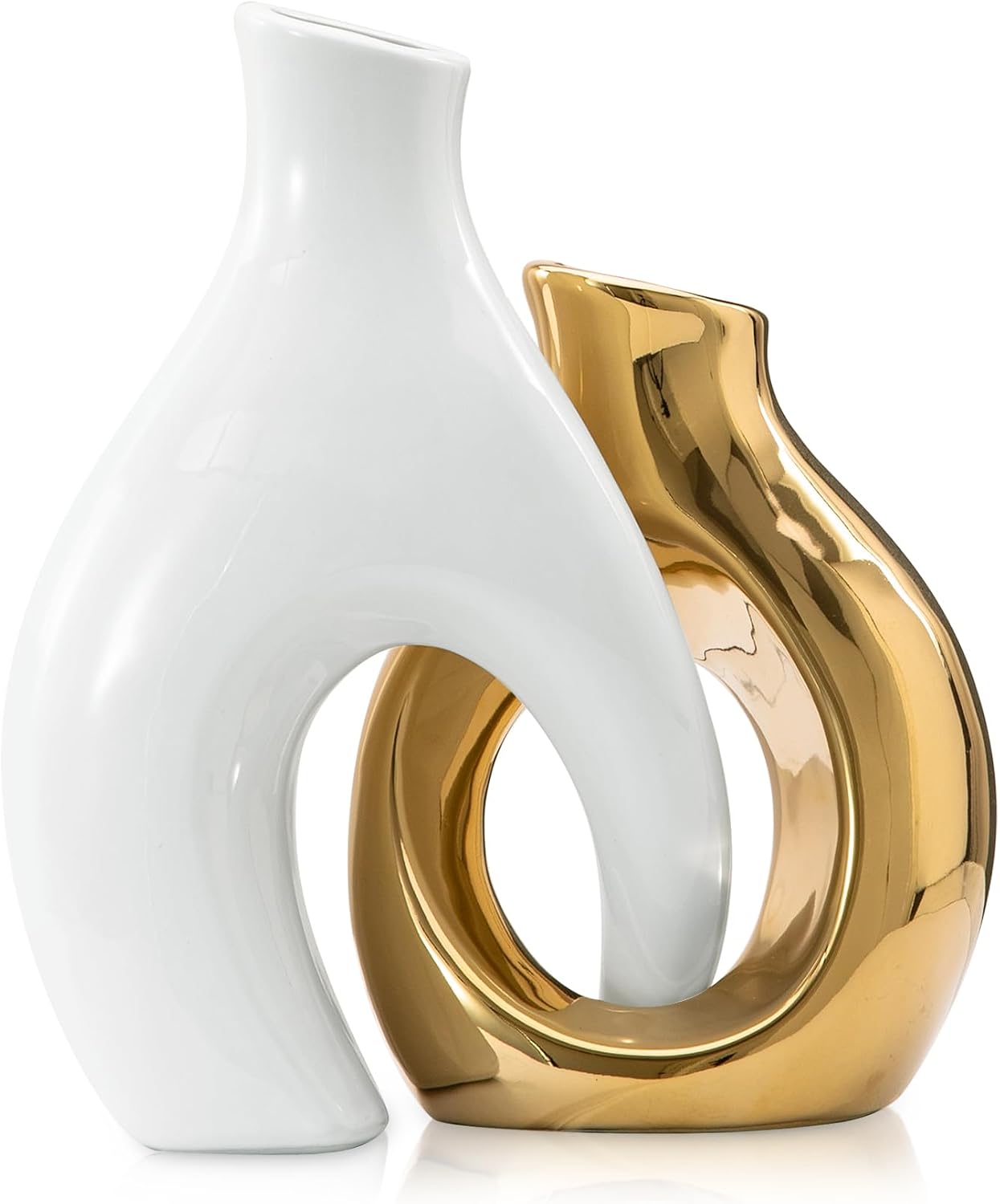 White and Gold Vases, Set of 2 vases Flowers, Pretty Vase Home Decor Boho, Hollow Modern Ceramic vase for Centerpieces (8.46" H & 6.5" H)