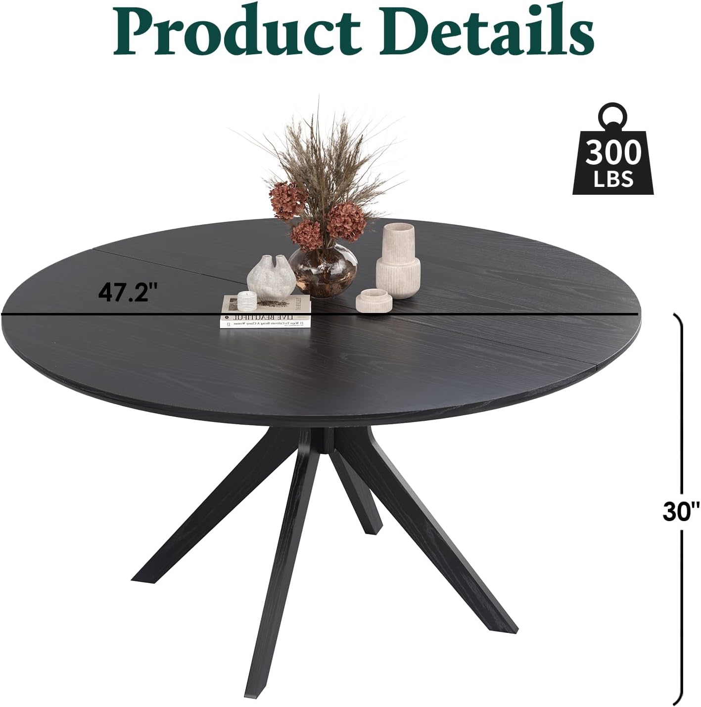 Round Dining Table 47 in for 4 to 6 People, Solid Wood Kitchen Table with Intersecting Pedestal Base and Floor Protection, Modern Round Dining Room Table for Apartment or Nook, Black