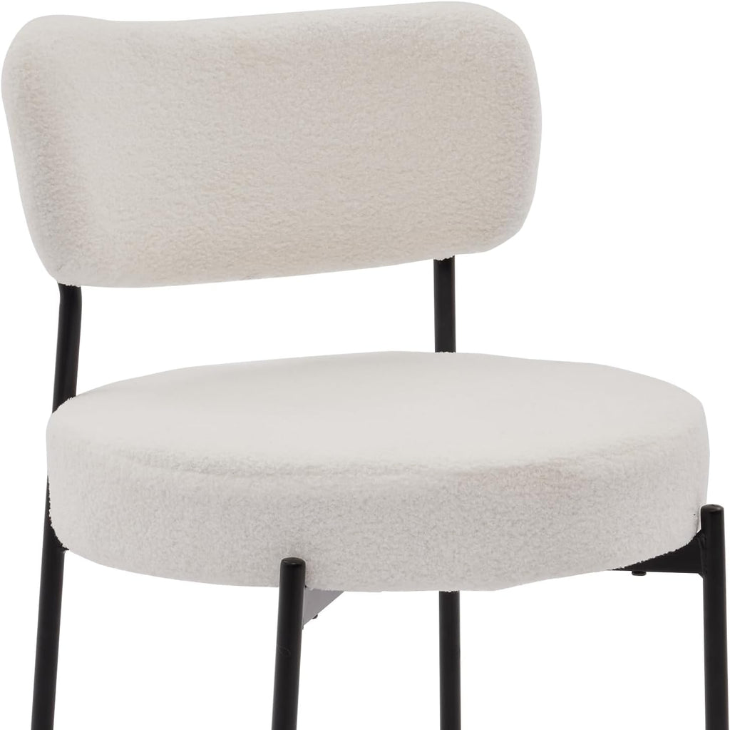 Boucle Dining Chair Set of 2, Mid Century Modern Upholstered Kitchen Chairs with Curved Backrest & Black Metal Legs, Round Dining Room Chairs, White