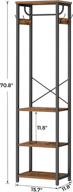 Coat Rack with Hanging Rod, Garment Rack with 3 Wooden Shelves and 4 Hooks, Freestanding Hall Tree, Industrial Clothes Rack Stand Organizer, Rustic Brown and Black