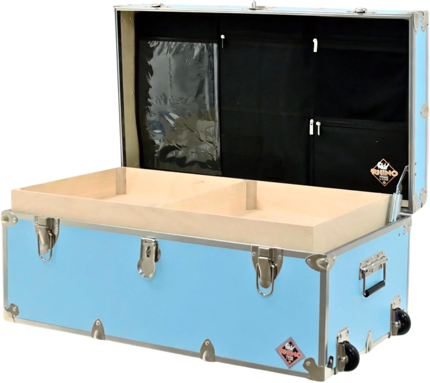 Rhino Trunk & Case Small Essential Trunk With Wheels, Tray, & Lid Organizer - 30"x17"x13", 1000+ lbs Capacity. Strong, USA Made Summer Camp Footlocker, and Secure College Dorm Storage Chest