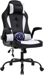 Massage Gaming Chair Office Chair Ergonomic PU Leather Desk Chair with Lumbar Support, Headrest, Flip-Up Armrests, and Swivel Rolling Base, Ideal for Women Adults, White