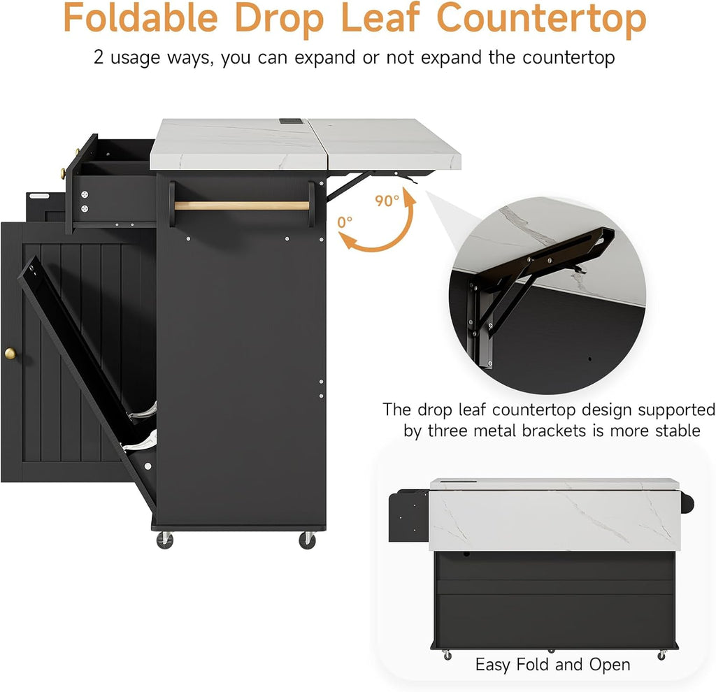 ONBRILL 60" Kitchen Island with Power Outlet & Drop Leaf, Rolling Island with Spice Rack & Towel Rack, Kitchen Island Cart with Trash Storage Cabinet, Island Table for Kitchen, Black+Imitation Marble
