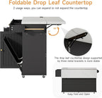 ONBRILL 60" Kitchen Island with Power Outlet & Drop Leaf, Rolling Island with Spice Rack & Towel Rack, Kitchen Island Cart with Trash Storage Cabinet, Island Table for Kitchen, Black+Imitation Marble