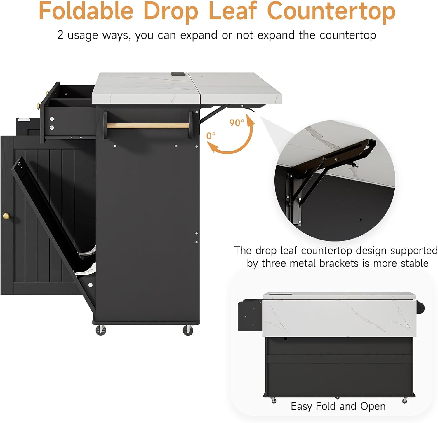 ONBRILL 60" Kitchen Island with Power Outlet & Drop Leaf, Rolling Island with Spice Rack & Towel Rack, Kitchen Island Cart with Trash Storage Cabinet, Island Table for Kitchen, Black+Imitation Marble