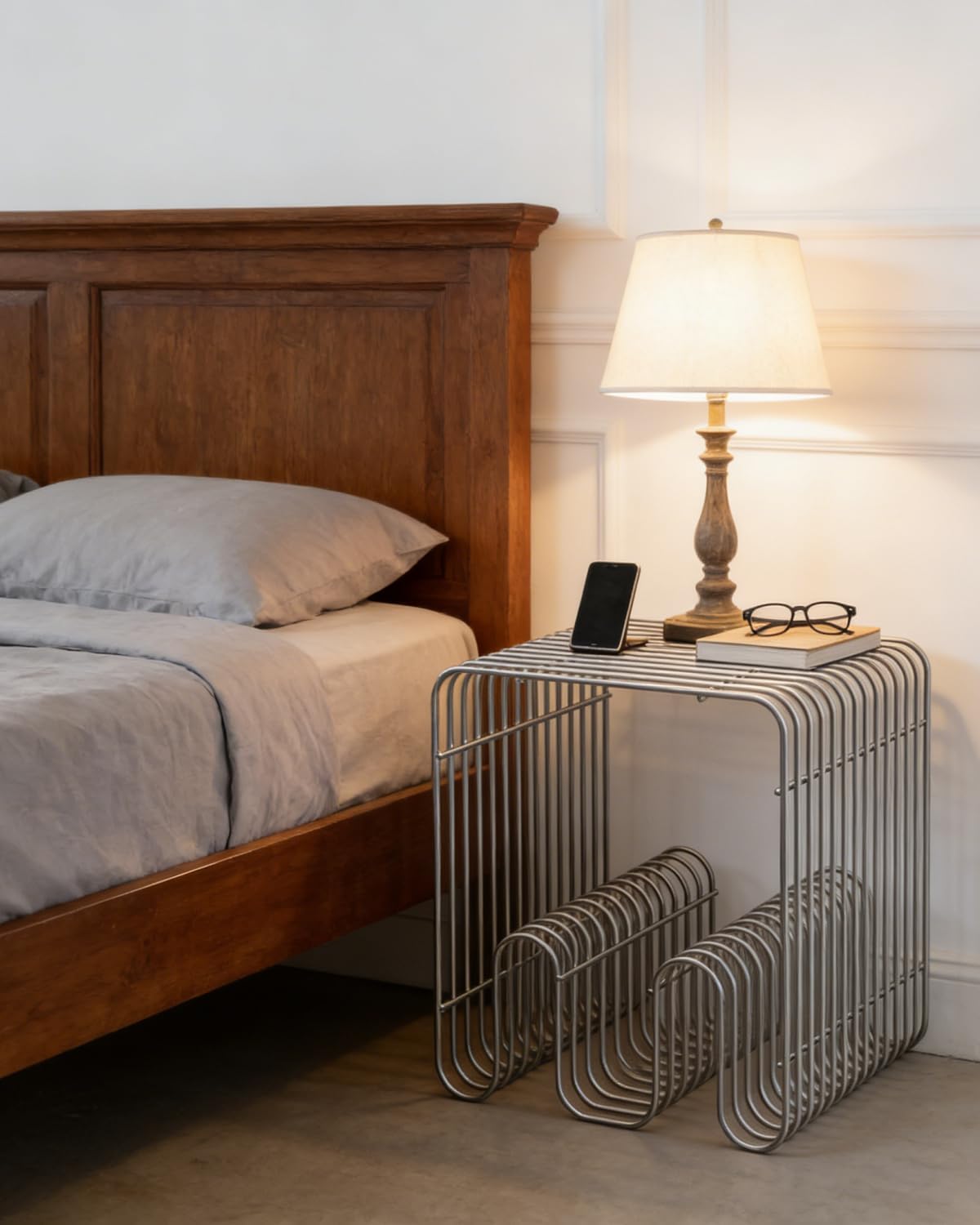 Metal Side Table, Metal End Table with Magazine Rack,Sofa Bedside Table for Small Space, Modern Nightstand with Storage Shelf for Living Room Bedroom Silver (Double N)