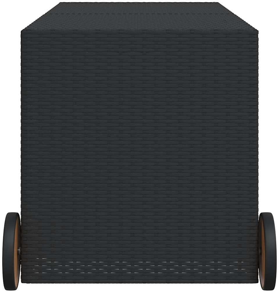 Garden Storage Box with Wheels 74.8 Gal Black Poly Rattan Resin Wicker Outdoor Patio Cushion Container Chest Weather Resistant for Backyard Deck