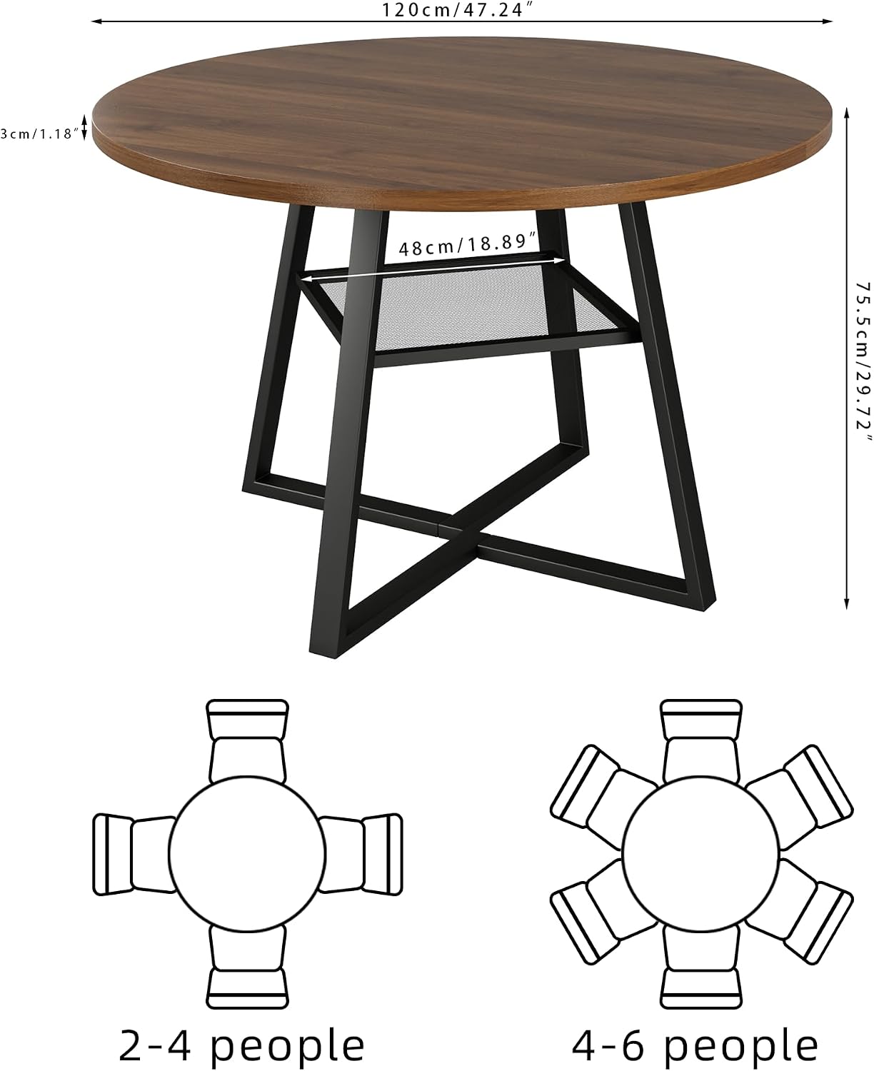 47 Inch Round Dining Table for 4-6, Space Saving Circle Kitchen Table with Storage, Mid Century Modern Dinner Table with Metal Legs, Wooden Farmhouse Dining Room Table for Living Room, Walnut
