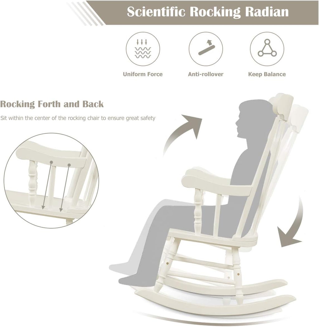 Giantex Outdoor Wood Rocking Chair - Patio Rocking Chair with Solid Rubber Wood Frame, Slat Back, Outside & Indoor Rocker for Garden, Poolside, Balcony, Backyard, Lawn, Front Porch Rocker, White
