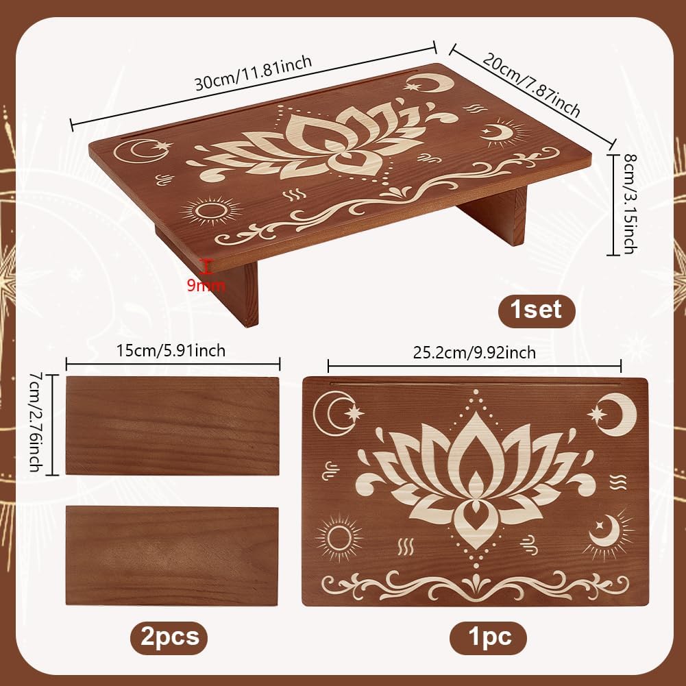 PH PandaHall Altar Table, 11.8"x7.8" Rectangle Wooden Meditation Table Engraved Flower Star Moon Patterns Wiccan Tables for Room Engraved Mystic Decor Witchcraft Supplies Buddhist Alter