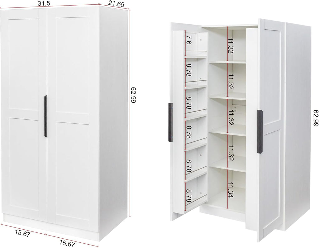 Kitchen Cabinet Tall Food Pantry with Door Shelves, Farmhouse Pantry Cabinet 5 Tier Food Cupboard for Dining Room Laundry, White