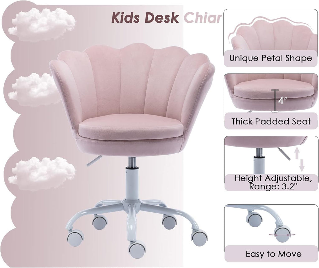 CIMOTA Cute Kids Desk Chair,Velvet Bedroom Chair Adjustable Child Computer Chair Swivel Shell Vanity Chairs for Girls Bedroom/Study Room, Light Pink