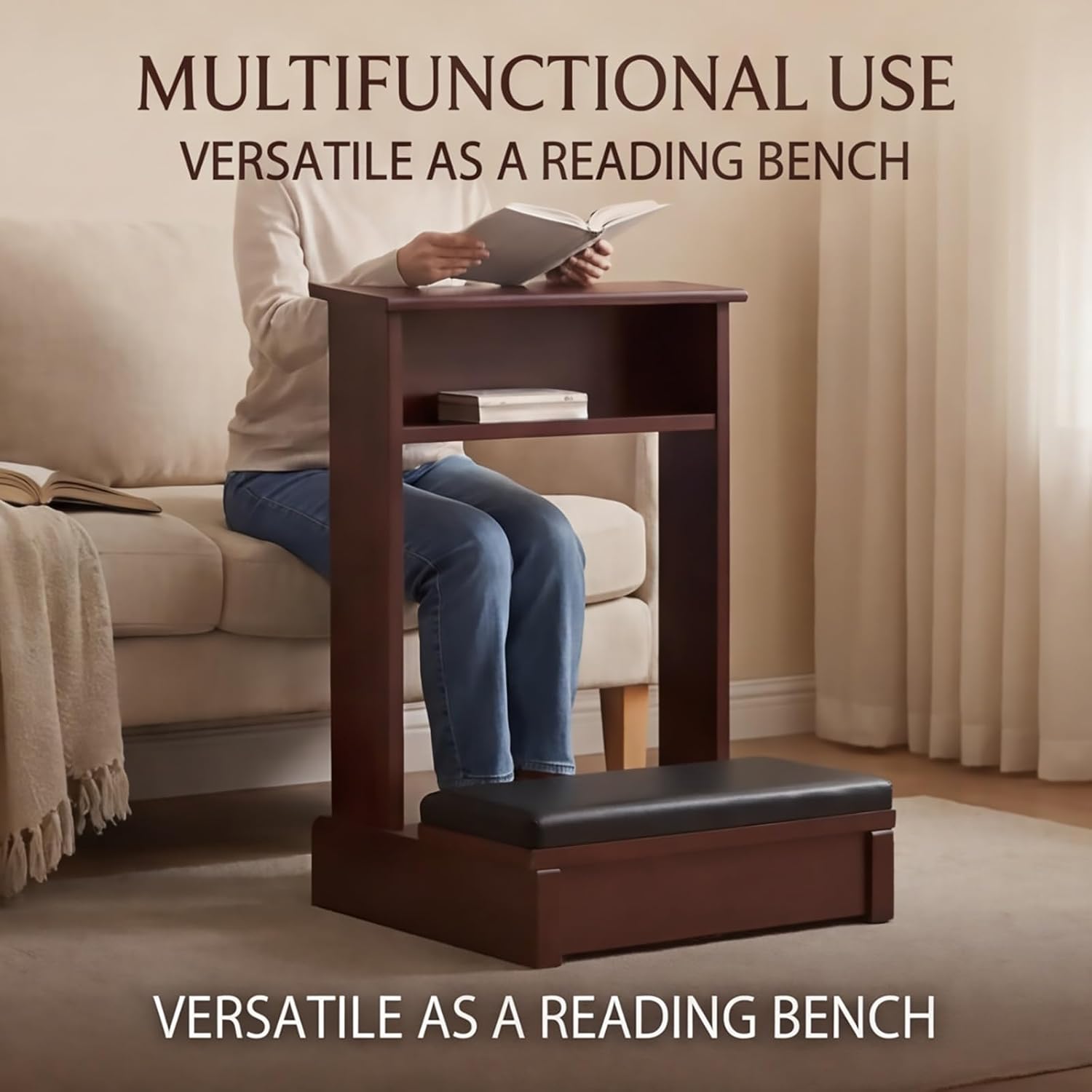 Solid Wood Prayer Bench with Cushion and Shelf, Prayer Kneeler Stool for Home and Church, Meditation Bench 19.6x16.9x31.5in with Storage Table
