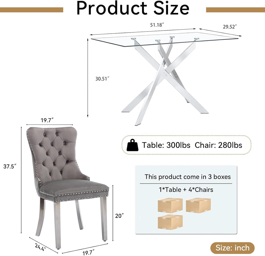 HomVent 5 Piece Rectangular Glass Dining Table Set, Tempered Glass Dinner Table Set for 4 Kitchen Table Set with 4 Velvet Upholstered Chairs for Kitchen Dining Room