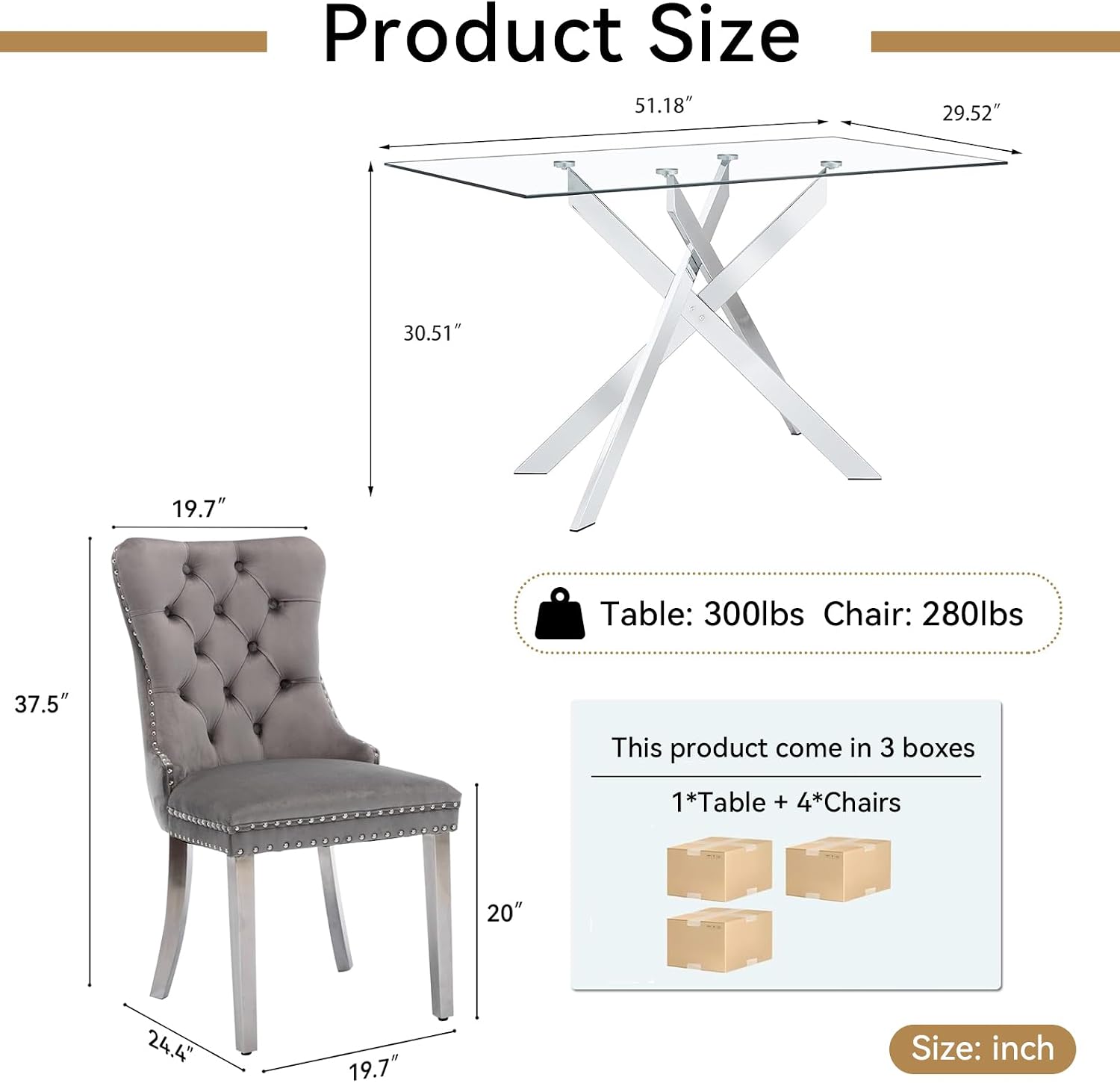 HomVent 5 Piece Rectangular Glass Dining Table Set, Tempered Glass Dinner Table Set for 4 Kitchen Table Set with 4 Velvet Upholstered Chairs for Kitchen Dining Room