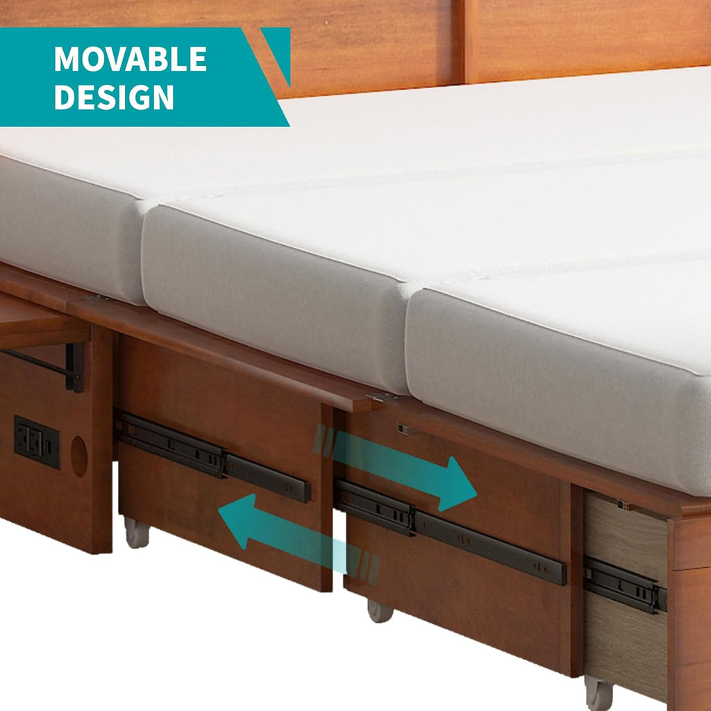 BALUS Queen Murphy Bed with Tri-Fold Memory Foam Mattress, Built-in USB Charging Ports & Bedside Panel, Wood Hidden Wall Beds, Modern Murphy Beds Cabinet Beds for Bedroom/Living Room, Cherry
