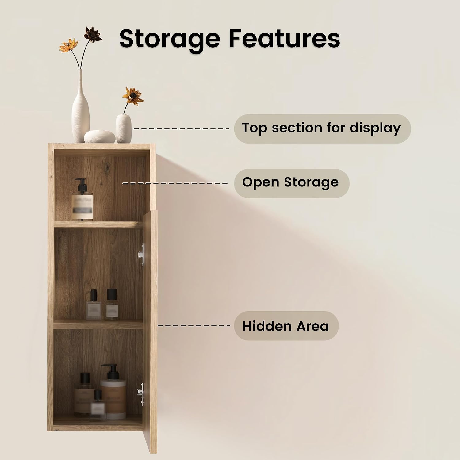 12" Floating Bathroom Storage Cabinet, Modern Bathroom Wall Cabinets with Soft-Closing Door & Open Shelf, Bathroom Side Cabinet for Small Spaces, Apartment, Rough Oak