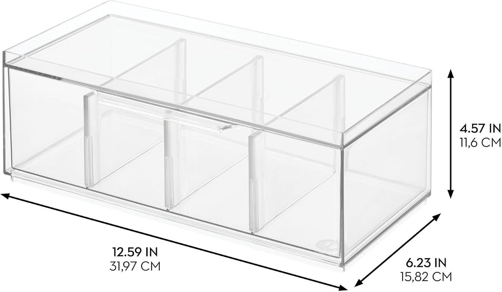iDesign XL Tea Bag Organizer for Counter, 4-Section Clear Stackable Tea Storage Drawer for Cabinet, 2-Pack
