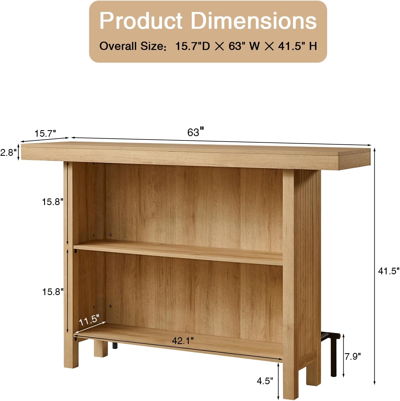 Okvnbjk 63-Inch 2-Tier Bar Table with Footrest, Oak | Coffee Bar Cabinet, Large Counter Height Pub Table Storage Shelf Home Bar Unit for Kitchen, Bistro, Dining Room, Living Room