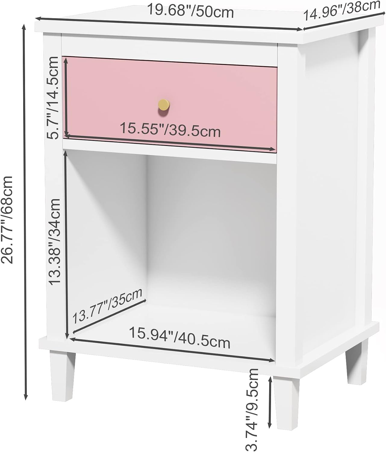 Modern Kids Nightstand Girls Bedroom Night Stand with Drawer & Open Storage Shelf, Bedroom Furniture, MDF, Aluminum Handles, Easy Setup (Pink)