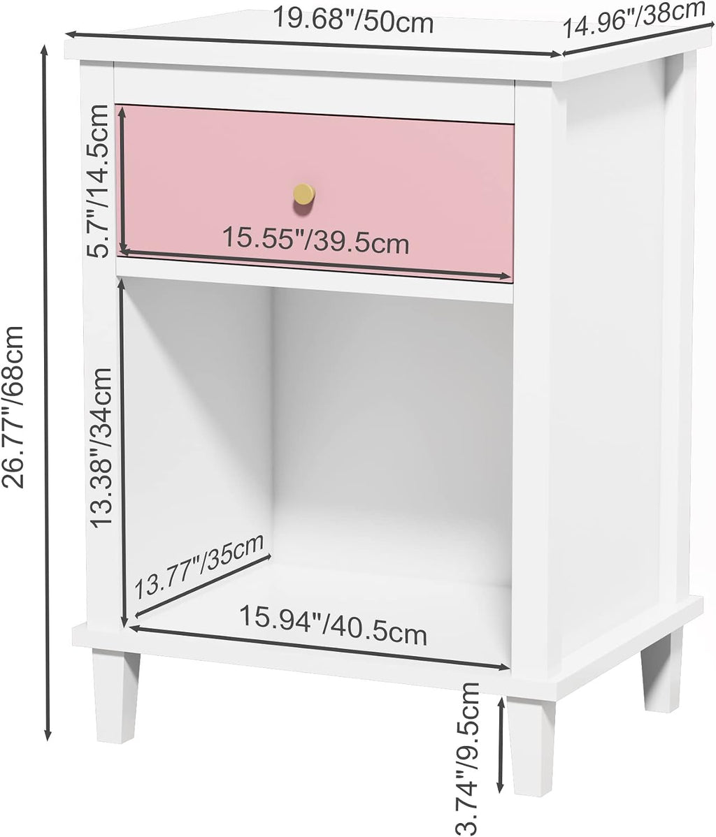 26.77"H Wooden Nightstand with Drawer & Open Shelf, Bedside End Table | Compact Storage Side Table Fits Bedrooms, Dorms for Kids and Adults Daily Use