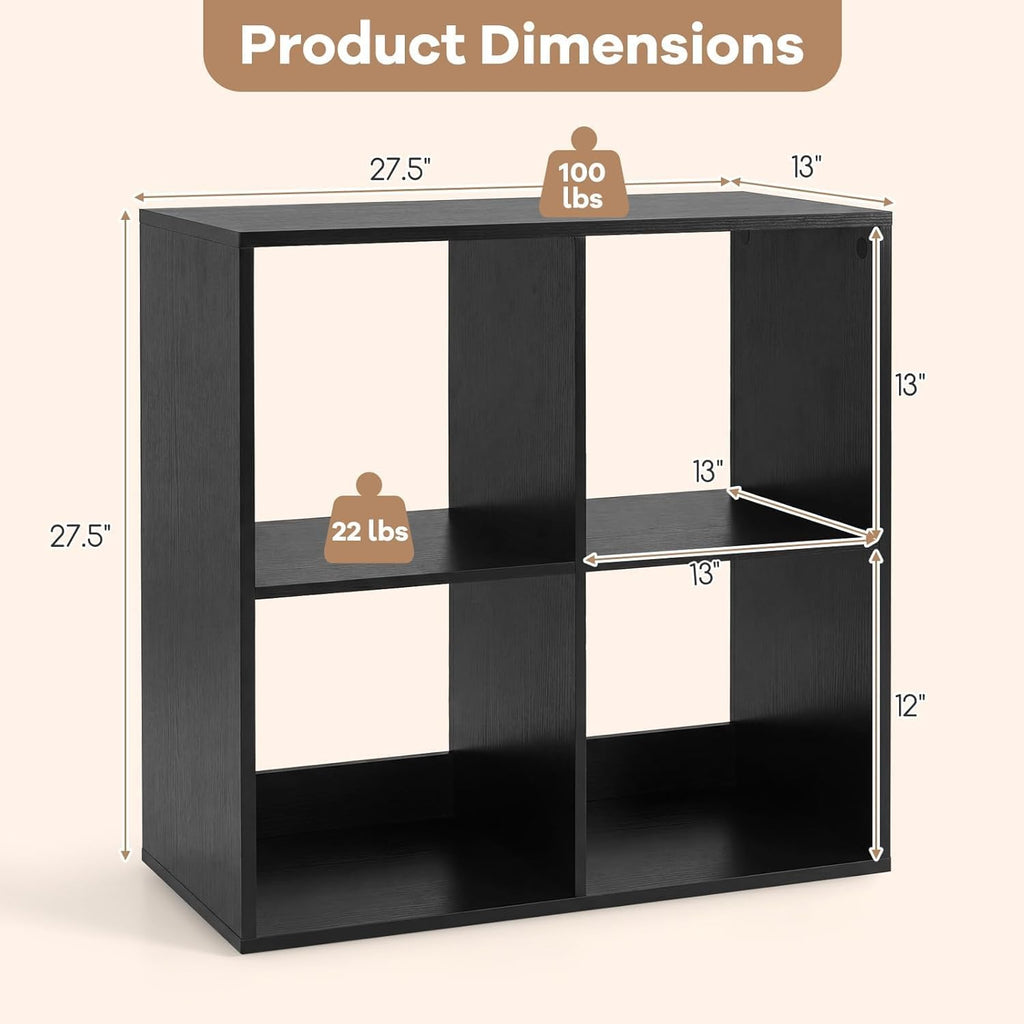 POWERSTONE 4 Cube Storage Organizer, 2 Tier Cubby Bookshelf Freestanding Bookcase w/Back Guardrail, Open Back Display Rack for Living Room, Bedroom, Study, Black