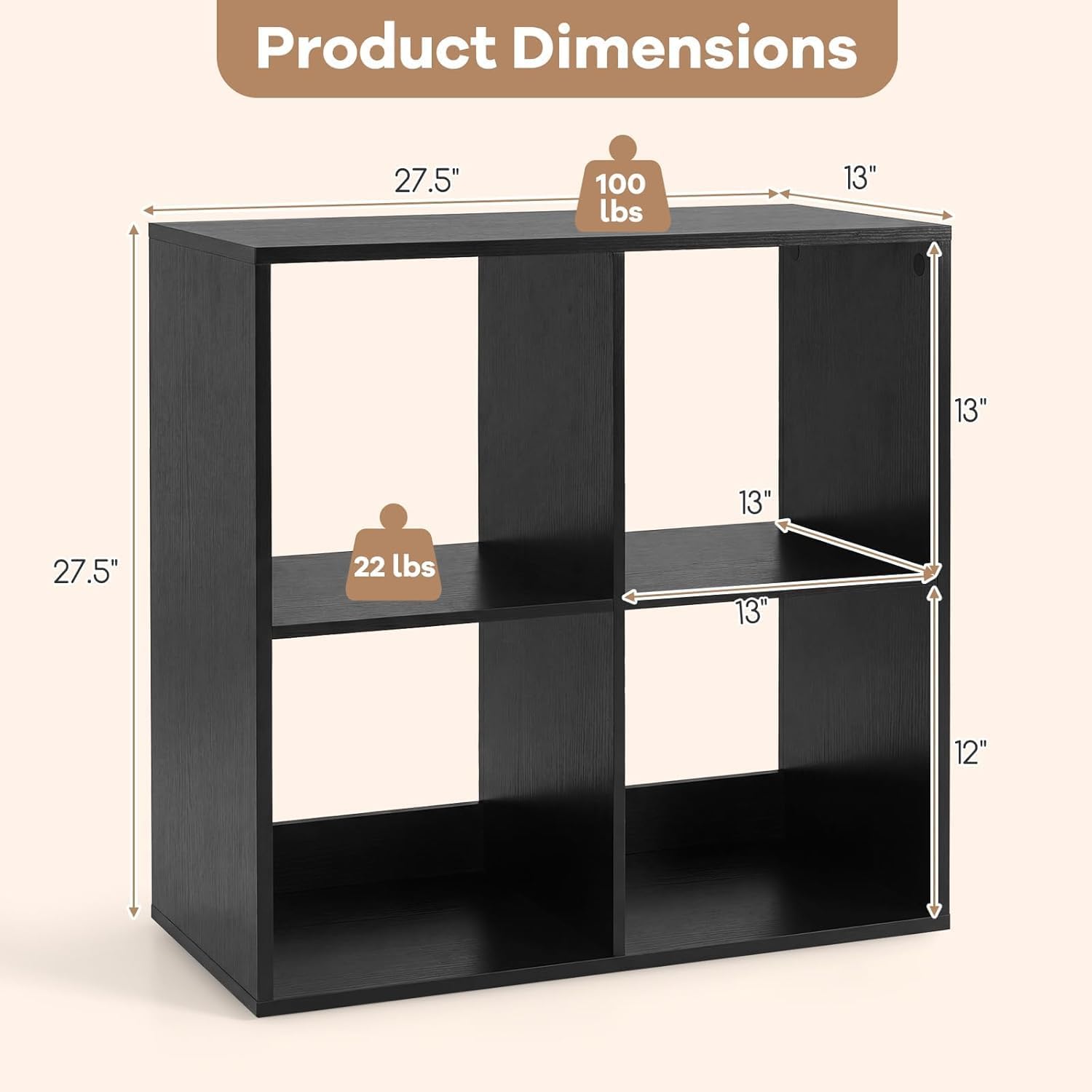 POWERSTONE 4 Cube Storage Organizer, 2 Tier Cubby Bookshelf Freestanding Bookcase w/Back Guardrail, Open Back Display Rack for Living Room, Bedroom, Study, Black