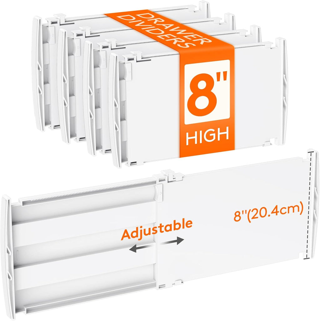 Lifewit 8" Tall 4 Pack Drawer Dividers, 13.8"-22.2" Adjustable Deep Drawer Organizer Clothes, Expandable White Plastic Separators for Dresser, Kitchen, Cabinet, Closet, Office Organization & Storage