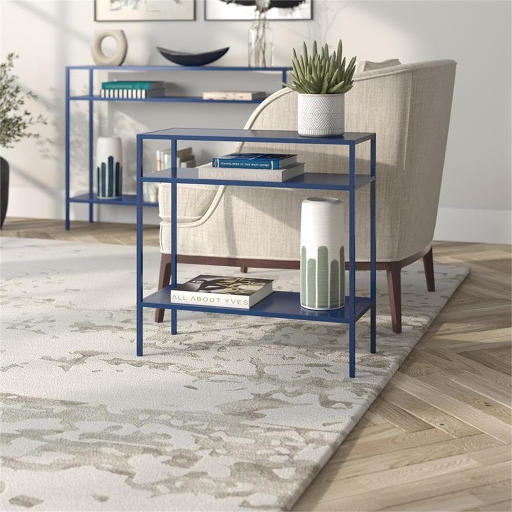 MAKLAINE Modern Metal Side Table, 24W x 10D x 24H, Handcrafted Steel Frame, Blue Finish, Compact Space-Saving Design, Industrial Contemporary Style for Living Room or Bedroom