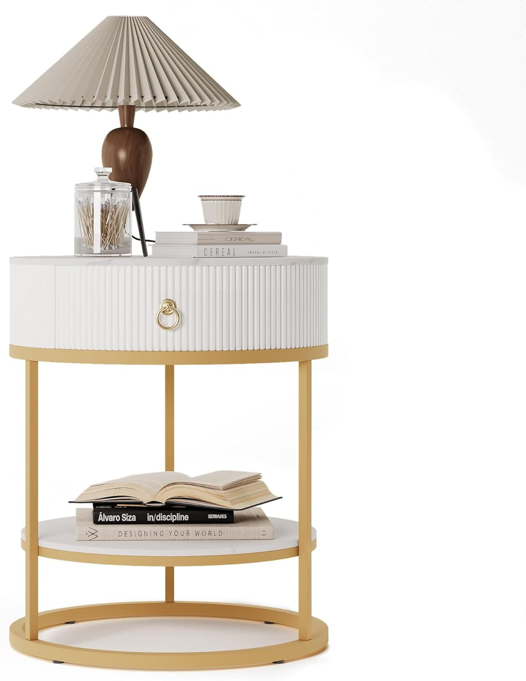 COSIEST Round Side Table with Drawer, Modern Tall Nightstand with Faux Marble Tabletop, 2-Tier Small Round End Table, Wood Bedside Table for Living Room, Bedroom, Dorm, Small Spaces, White and Gold