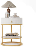 COSIEST Round Side Table with Drawer, Modern Tall Nightstand with Faux Marble Tabletop, 2-Tier Small Round End Table, Wood Bedside Table for Living Room, Bedroom, Dorm, Small Spaces, White and Gold