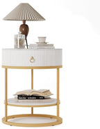 COSIEST Round Side Table with Drawer, Modern Tall Nightstand with Faux Marble Tabletop, 2-Tier Small Round End Table, Wood Bedside Table for Living Room, Bedroom, Dorm, Small Spaces, White and Gold