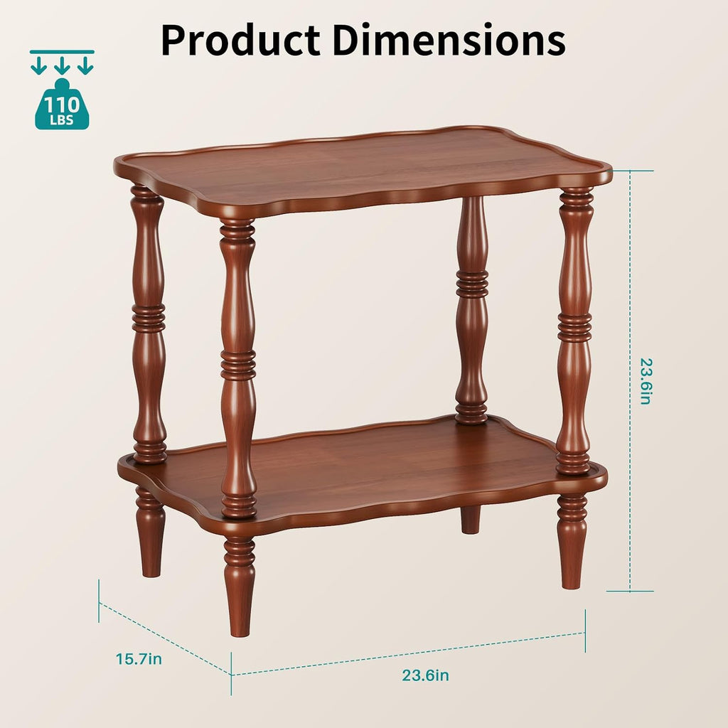 Solid Wood End Table Living Room - 23.6" H Small Narrow Rectangle End Table Wooden, Dark Real Wood Vintage Antique Brown Side Bedside Table Nightstand for Small Spaces with Open Storage Shelf