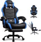 EXRACING Gaming Chair with Footrest, Ergonomic Computer Chair 350lbs High Back for Adults, Height Adjustable Video Game Chair with Headrest and Lumbar Support, 360° Swivel, PU Leather, Blue