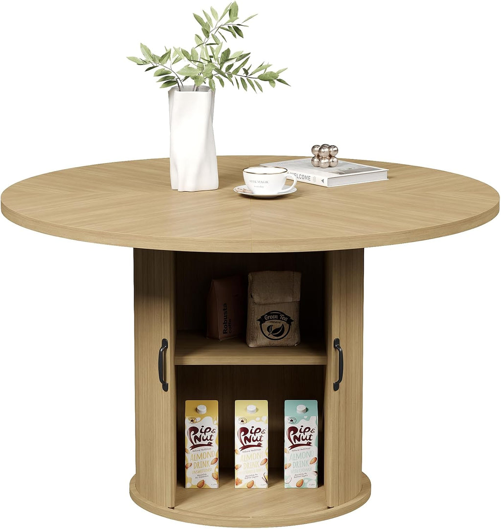 47" Round Dining Table for 4, Modern Fluted Circle Table with 2-Layer Storage and Sliding Door, Farmhouse Dinner Tables for Kitchen, Living Room, Natural