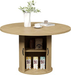 47" Round Dining Table for 4, Modern Fluted Circle Table with 2-Layer Storage and Sliding Door, Farmhouse Dinner Tables for Kitchen, Living Room, Natural