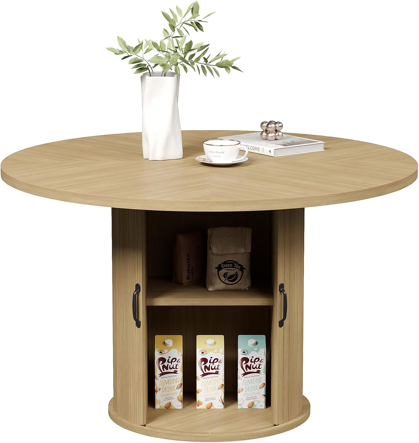 47" Round Dining Table for 4, Modern Fluted Circle Table with 2-Layer Storage and Sliding Door, Farmhouse Dinner Tables for Kitchen, Living Room, Natural