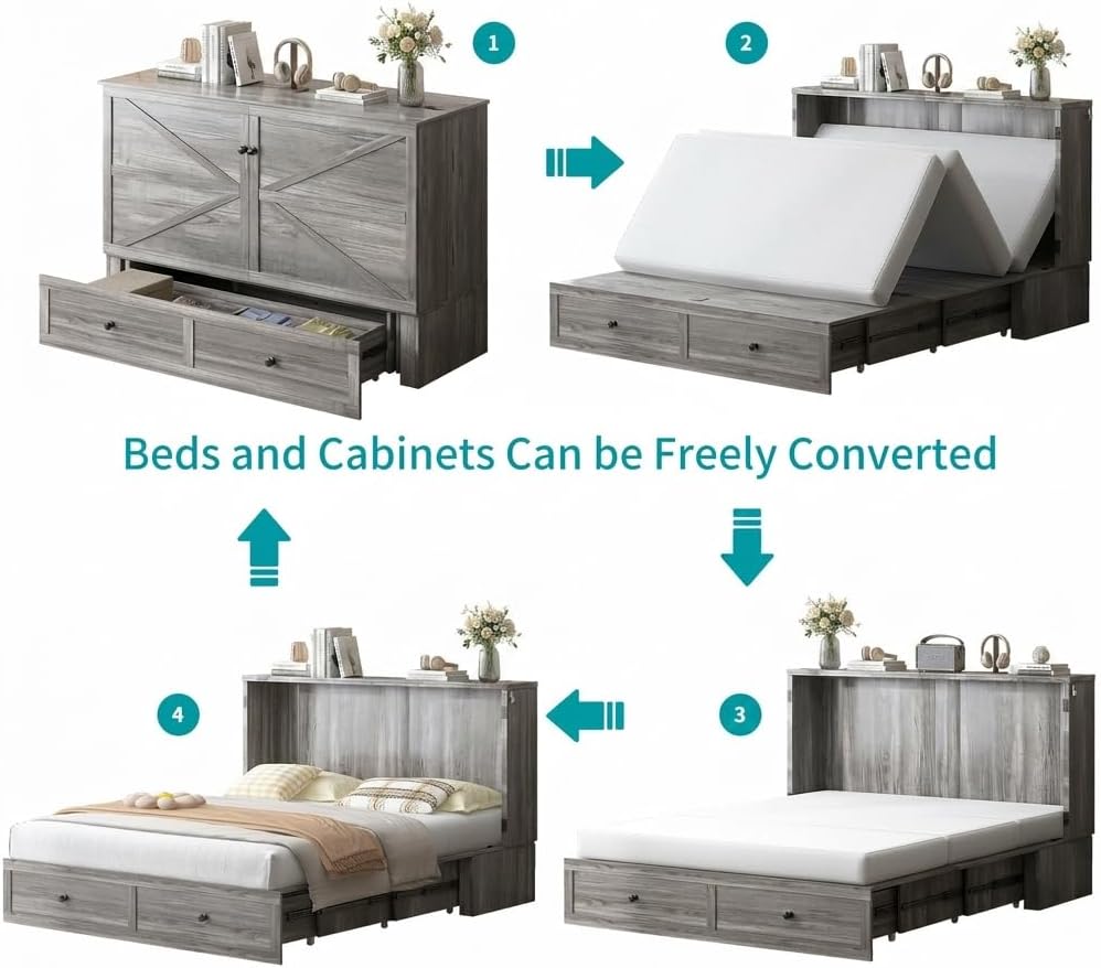 BALUS Full Size Murphy Bed, Cabinet Bed with Tri Fold Mattress, Space Saving Guest Beds, USB Charging Station & Large Storage Drawer for Bedroom/Living Room/Guest, Dark Grey