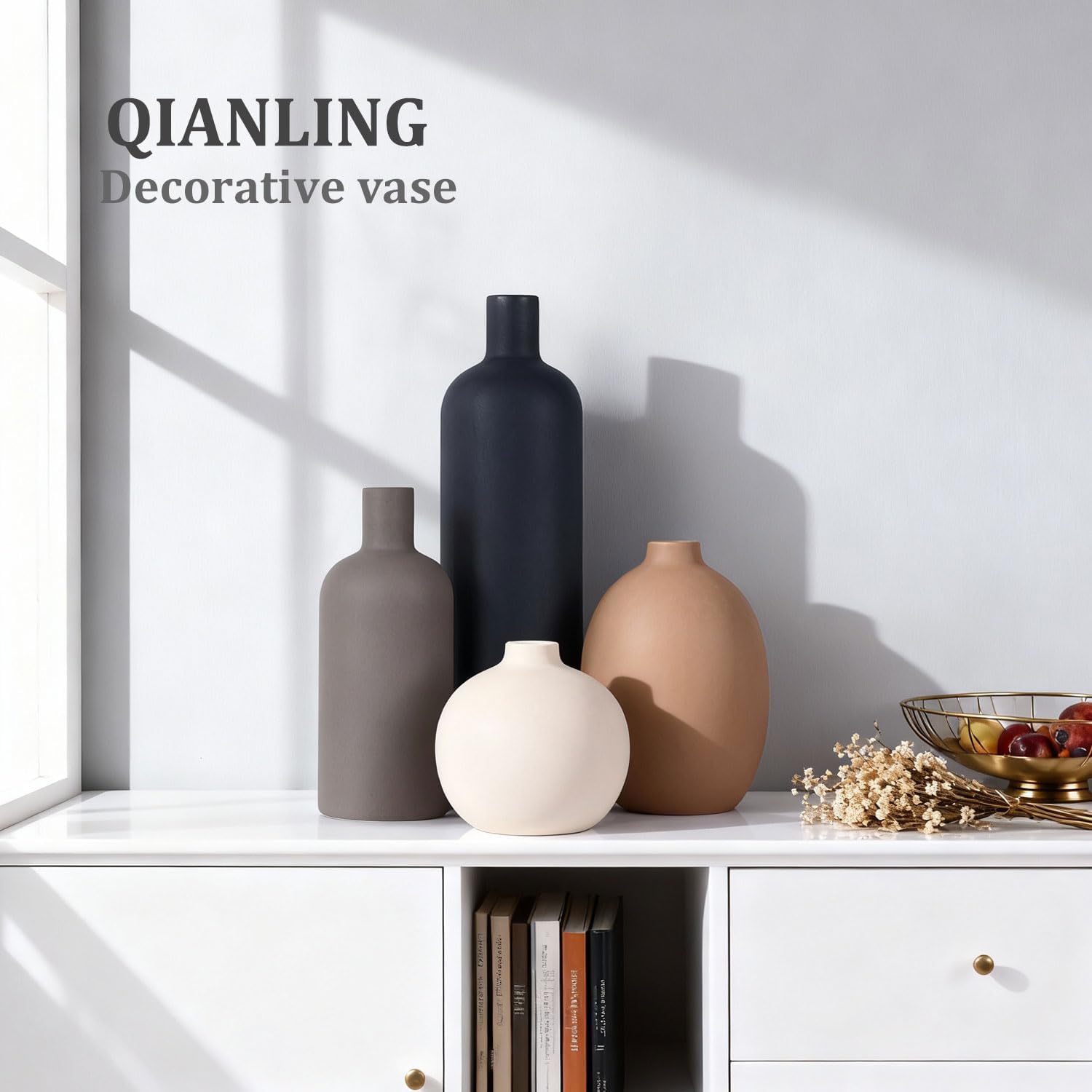 Ceramic Vase Set of 4, Modern Vases Home Decor, Neutral Decorative Vase for Bouquet Pampas Grass Dried Fresh Flowers, Small Vase for Living Room, Kitchen, Bedroom, Bathroom, Entryway Mantel, Decor