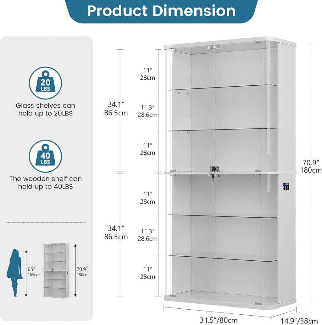 71" Tall Display Cabinet with Glass Doors, Rounded Curio Cabinet with Motion Sensor RGB Lights, 6-Tier Lockable Display Case for Collectibles & Action Figures, Trophy Case for Living Room, White