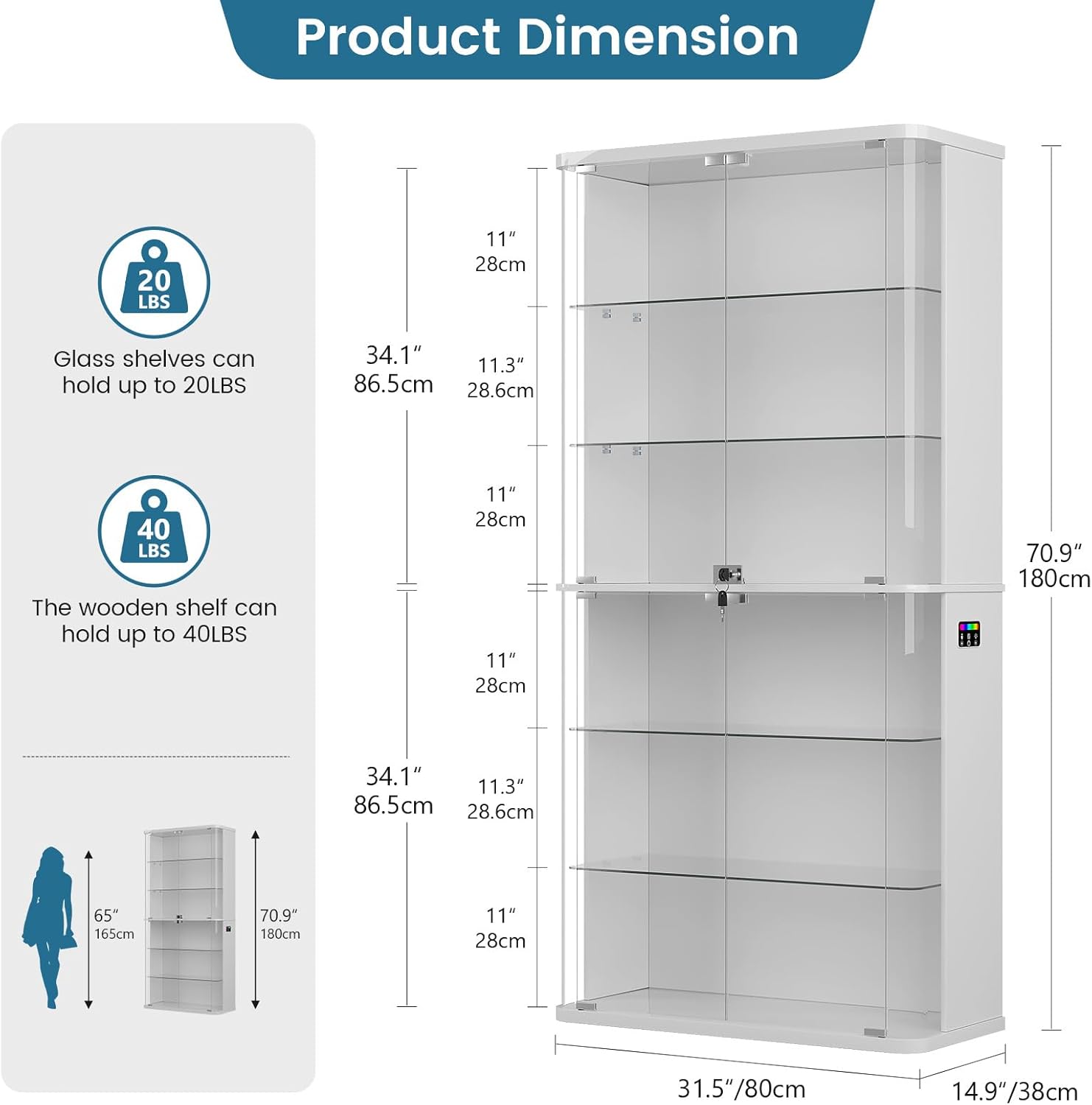 71" Tall Display Cabinet with Glass Doors, Rounded Curio Cabinet with Motion Sensor RGB Lights, 6-Tier Lockable Display Case for Collectibles & Action Figures, Trophy Case for Living Room, White