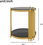 19.8" Round End Table with Gold Finish & Lower Shelf, Modern Black Mirror End Table with Asymmetrical Metal Frame for Living Room (Black,1)